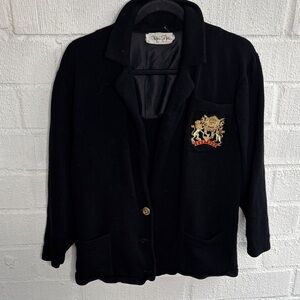 St. John Vintage Blazer Embroidered Crest Black Santana Knit Oversized Blazer